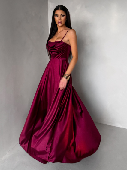 Vínové saténové dlouhé společenské šaty LUNOREX