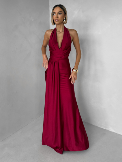 Bordó saténové dlouhé společenské šaty CELESTIA s vlečkou