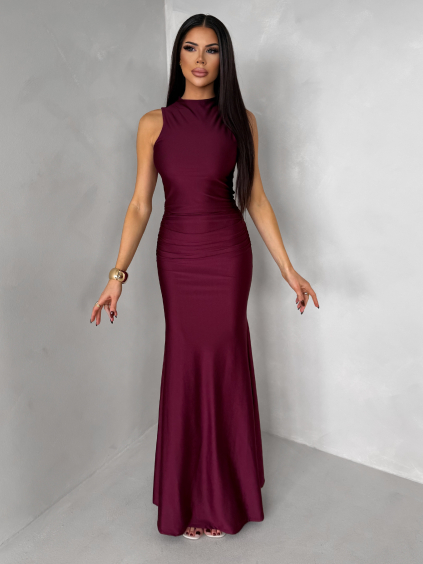 Bordó dlouhé společenské šaty LETERA s rozparkem