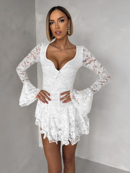 Bílé krajkované krátké šaty ZENITH s volánky