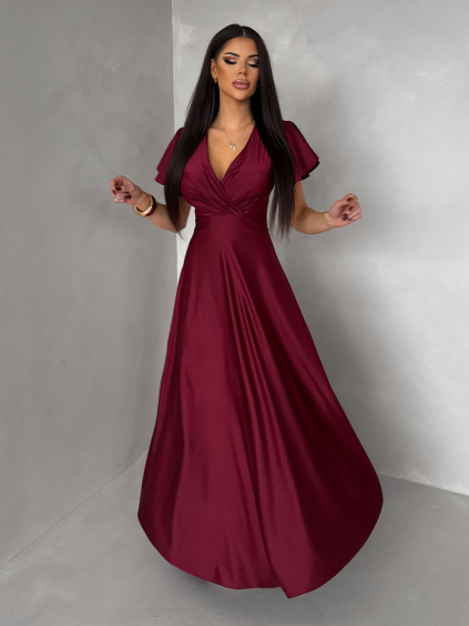 Bordó společenské jednoduché dlouhé šaty JUNADIE