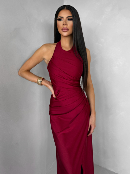 Bordó společenské dlouhé tvarující šaty SYVONA s rozparkem
