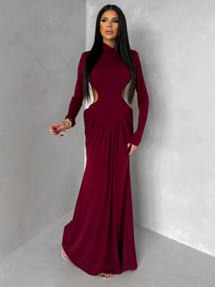 Bordó společenské dlouhé šaty EVANIE s průstřihy