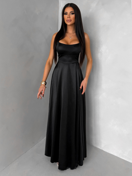Černé dlouhé saténové společenské šaty HELSIN na ramínka