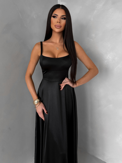Černé dlouhé saténové společenské šaty HELSIN na ramínka
