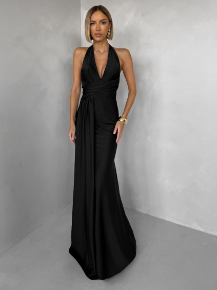 Černé saténové společenské dlouhé šaty CELESTIA s vlečkou