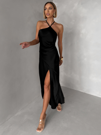 Černé saténové společenské šaty ELIRON s rozparkem