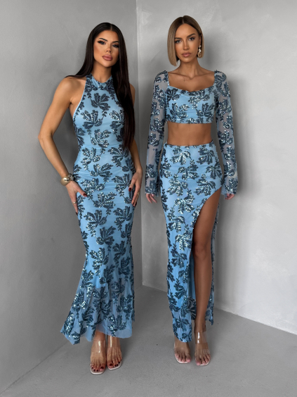 Modré společenské dlouhé flitrované šaty SOLVAYA