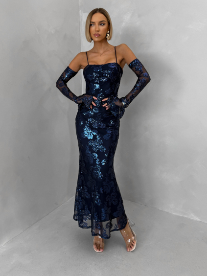 Tmavě modré elegantní třpytivé šaty LARKINO s rukávky
