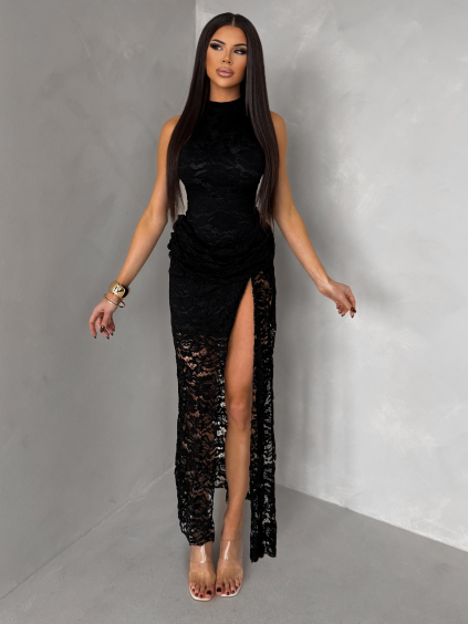 Černé společenské dlouhé krajkové šaty PURELY s vlečkou