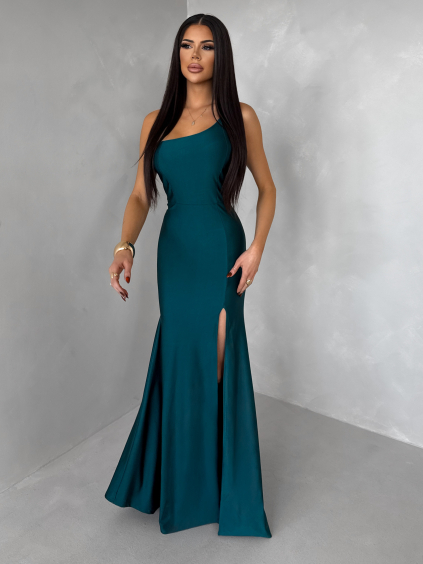 Smaragdové společenské asymetrické šaty GAREVIA s rozparkem