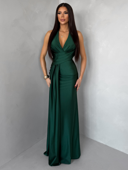 Smaragdové saténové dlouhé společenské šaty CELESTIA s vlečkou