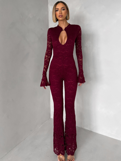 Vínový krajkovaný společenský dlouhý overal WAIVANY