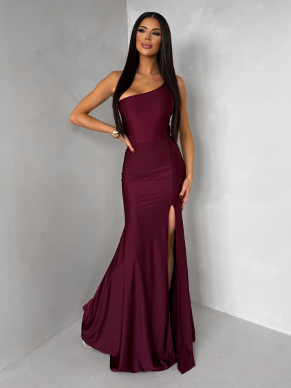 Vínové společenské dlouhé šaty GAREVIA s rozparkem