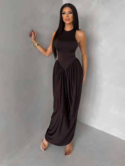 Tmavě hnědé společenské tvarující šaty ALYRION