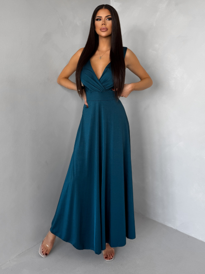 Petrolejové saténové jednoduché společenské šaty EZMIRA