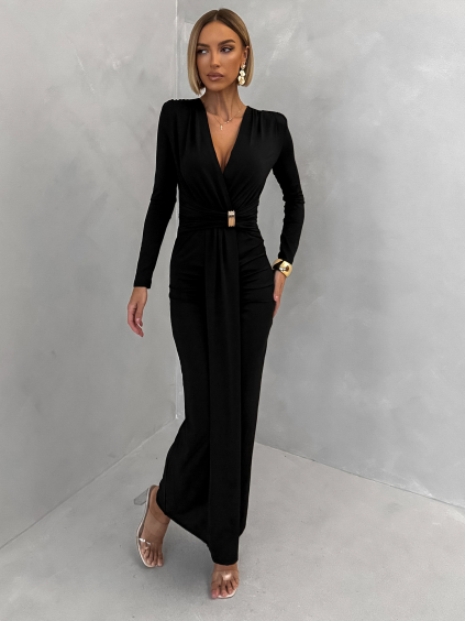 Černé společenské dlouhé šaty FAYLORI s výstřihem