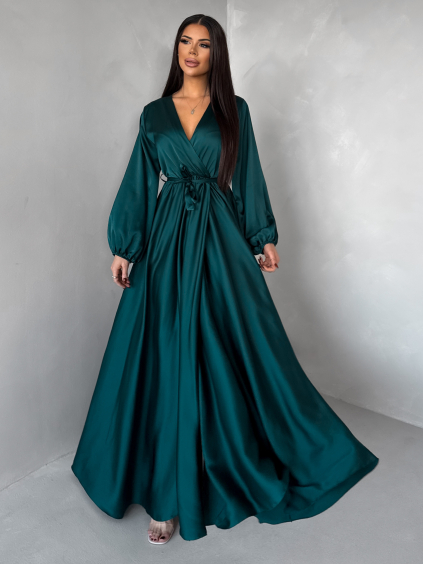 Tmavě petrolejové dlouhé saténové šaty WOMAN s páskem
