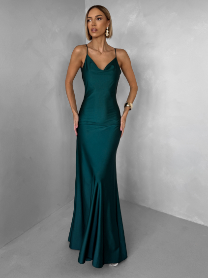 Smaragdové společenské saténové dlouhé šaty CARMIYA