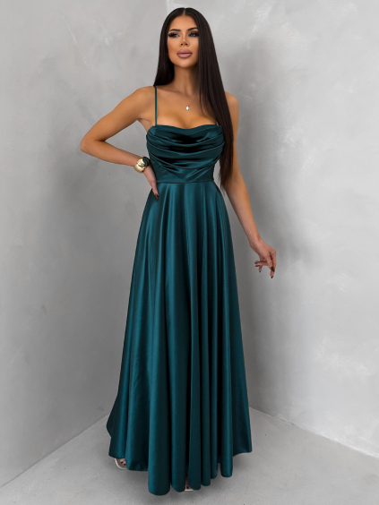 Smaragdové saténové dlouhé společenské šaty LUNOREX