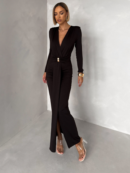 Hnědé společenské dlouhé šaty FAYLORI s výstřihem