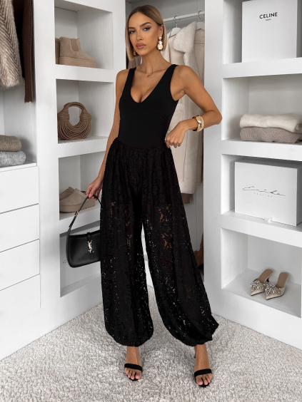 Černé krajkované široké kalhoty LIVIANA