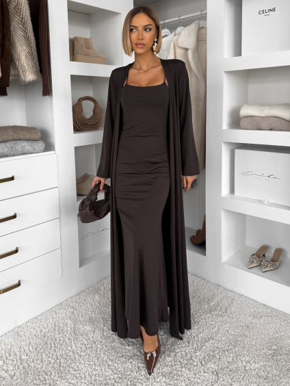 Hnědý elegantní dlouhý komplet set ARIVELLE