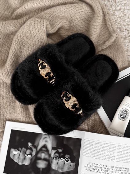 Černé huňaté domácí pantofle SOFTIES