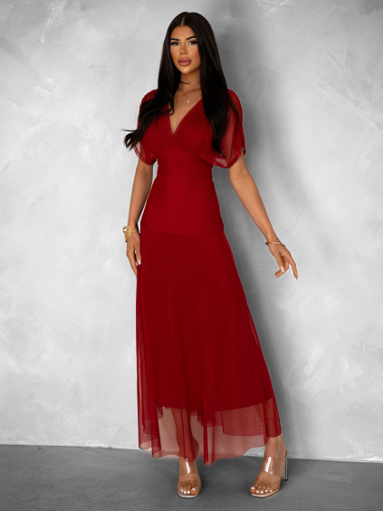 Bordó tylové dlouhé společenské šaty VOLYADA