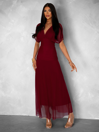 Bordó tylové dlouhé společenské šaty VOLYADA