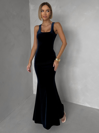 Tmavě modré dlouhé sametové společenské šaty UMERY