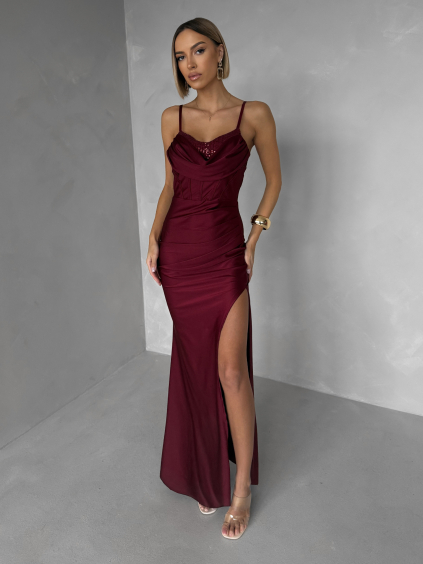 Vínové společenské korzetové dlouhé šaty FAYELA