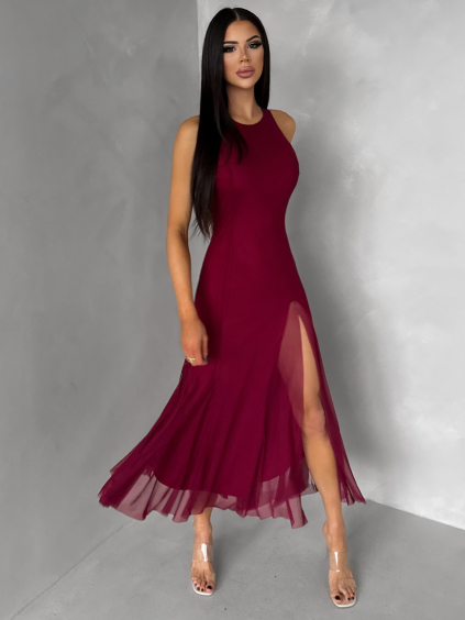 Bordó společenské tylové midi šaty ROCHIE