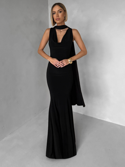Černé společenské dlouhé šaty RAVILETA s vlečkou