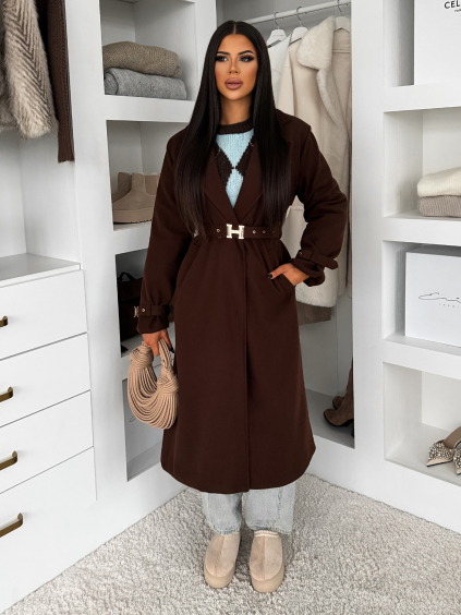 Hnědý elegantní dlouhý kabát CERADY s opaskem