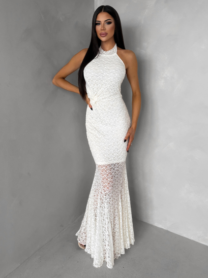 Krémové společenské krajkové dlouhé šaty KRETONA