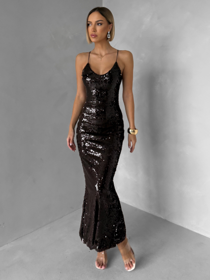 Tmavě hnědé flitrované dlouhé plesové šaty SCINTIA
