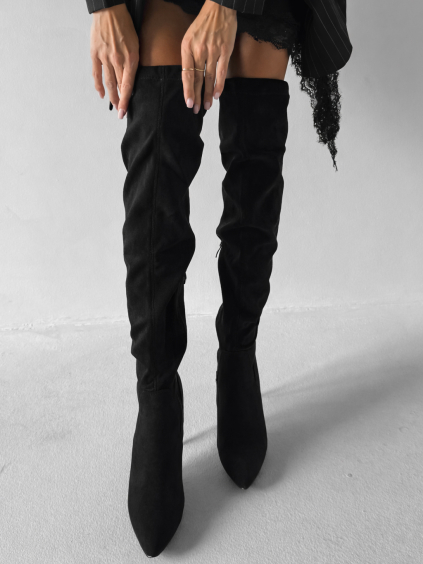 Černé semišové vysoké kozačky DARYANA nad kolena