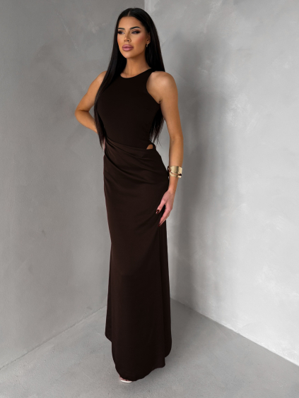 Tmavě hnědé elegantní saténové šaty VELMORO s body