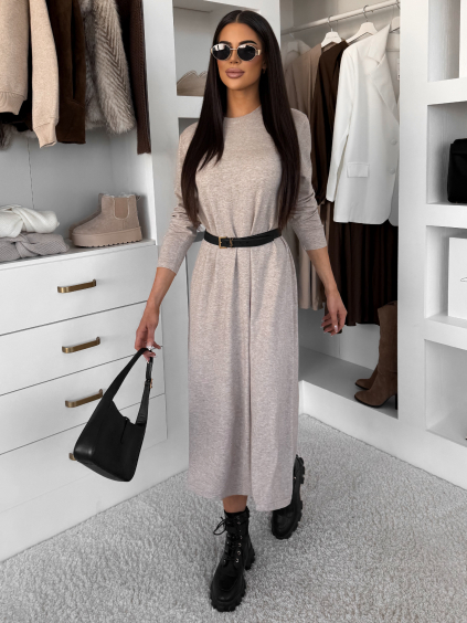 Béžové stylové maxi dlouhé mikinové šaty RAVONI