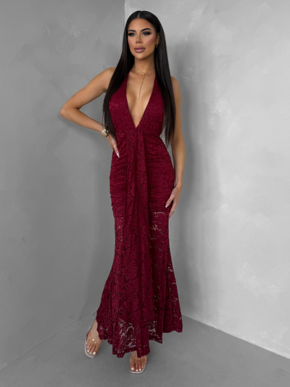 Bordó společenské krajkové dlouhé šaty ZERULON