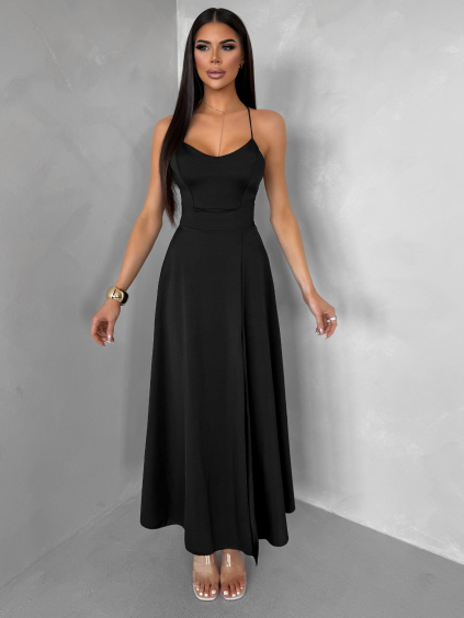 Černé saténové elegantní šaty SIMUEL se šněrováním