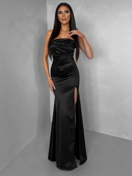 Černé společenské saténové korzetové dlouhé šaty ZONTIRE