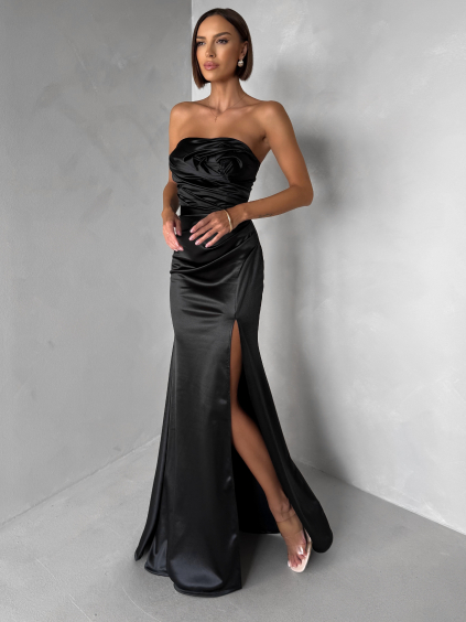 Černé společenské saténové korzetové dlouhé šaty ZONTIRE