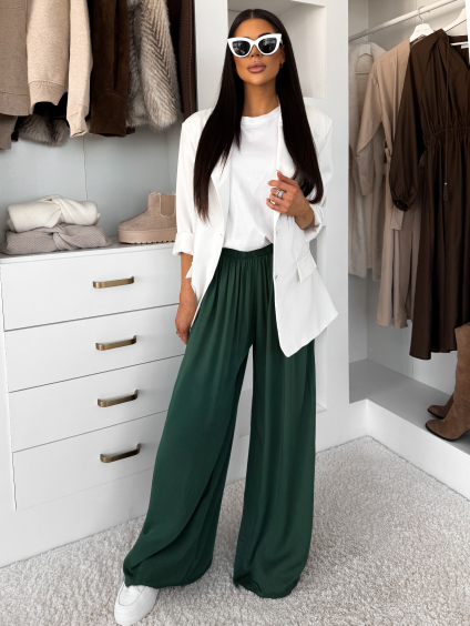 Khaki široké volné dlouhé kalhoty OLVIRA na gumu