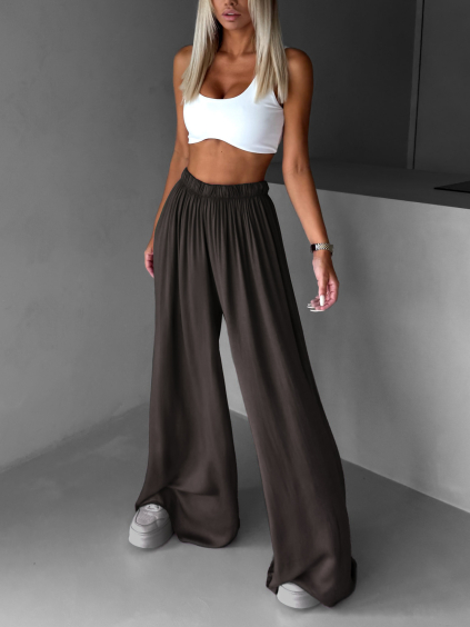 Tmavě hnědé široké volné dlouhé kalhoty OLVIRA