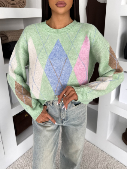 Světle zelený stylový vzorovaný svetr TUVONIX