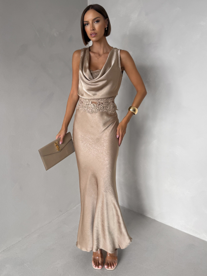 Béžový saténový komplet PRAZON se sukní