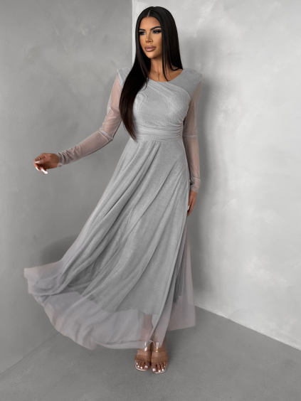 Šedé tylové dlouhé společenské šaty ASHER