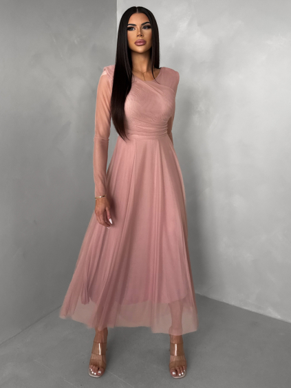 Starorůžové tylové dlouhé společenské šaty ASHER